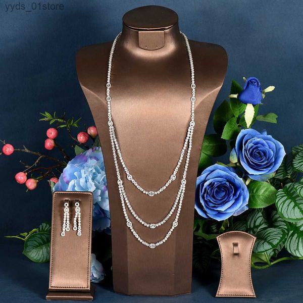 Ohrringe Halskette HIBRIDE 2 Stück Lange Pullover Halskette Ohrring Sets Indisches Schmuckset Für Frauen Hochzeit Party Zirkon Dubai Brautschmuck N-666 L240323