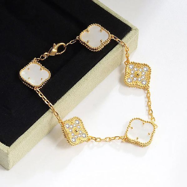 Pulseira de designer de luxo pulseira de trevo branco moda pulseiras de aço inoxidável pulseira de quatro folhas trevo zircão pulseiras de punho da sorte para mulheres joias presentes