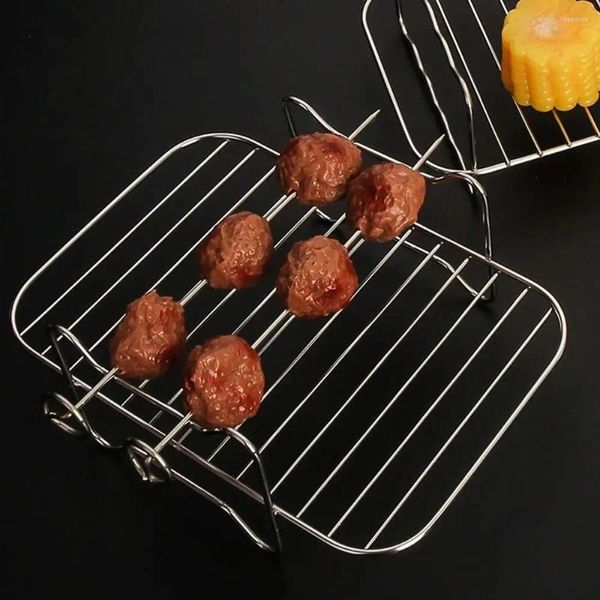 Esteiras de mesa de aço inoxidável fritadeira a ar grelhar rack dupla camada máquina de lavar louça suporte de vapor seguro com 4 espetos assar forno de cozinha