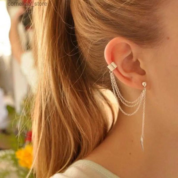 Ear Cuff Ear Cuff Moda Feminina Punk Rock Leaf Chain Tassel Brincos Cuff Embalagem Brincos Brincos de Prata e Ouro Y240326