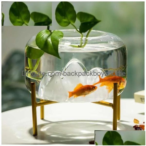 Aquários criativo neve montanha ouro tanque de peixes simples mesa de vidro redondo mini aquário sala de estar pequena decoração gota dhvyu