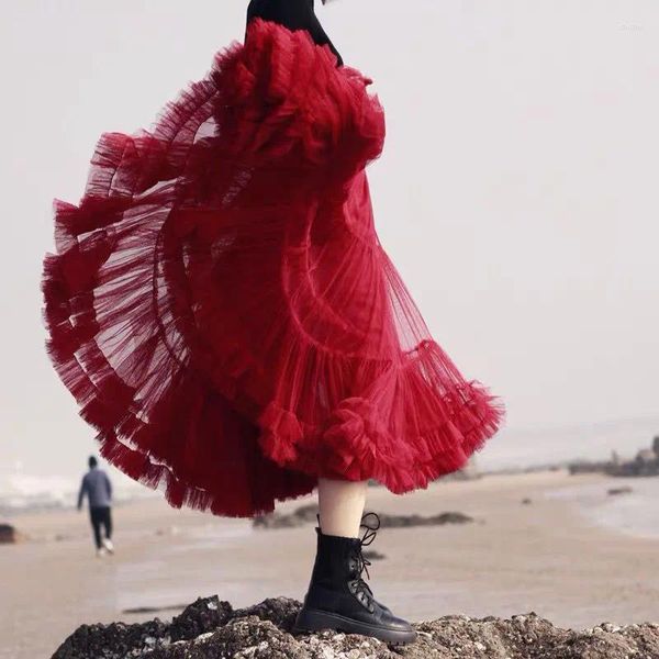 Etekler Yetişkin A-Line Tül Etek Nedime Petticoat Tutu Kadınlar için katmanlı diz boyu pilili
