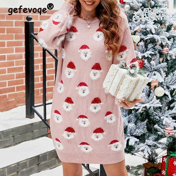 Vestidos casuais básicos engraçados Kaii desenho animado Papai Noel Jacquard festa de Natal mini vestidos para mulheres casual longo sle vestido suéter solto de malha C24315