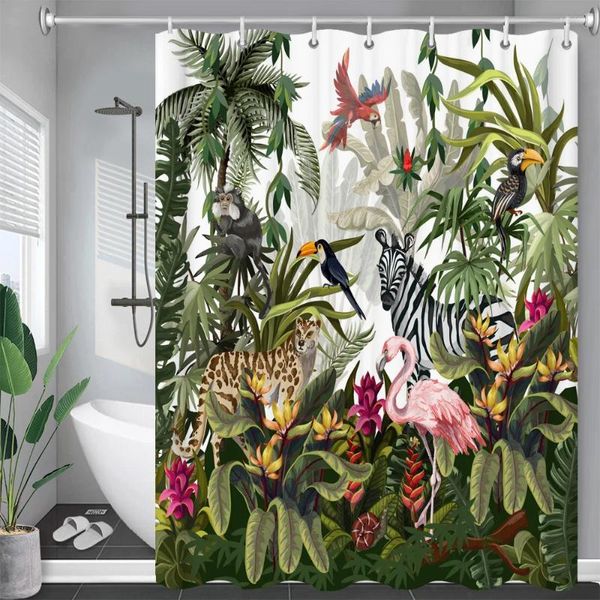 Tende da doccia Foglie tropicali Palma Uccelli Animali Modello Tenda da bagno Impermeabile Frabic Bath
