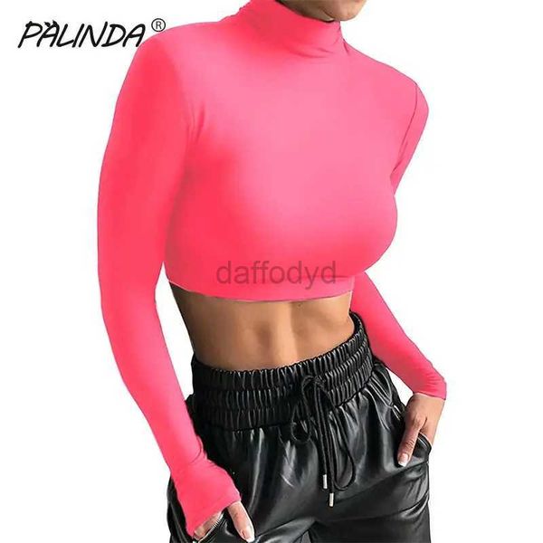 Damen Tanks Camis Schwarz 2024 Damen Langarm Rollkragen Crop Top Geeignet für Basic T-Shirts Herbst Sexy Straßenkleidung Neongrün GV655 24326