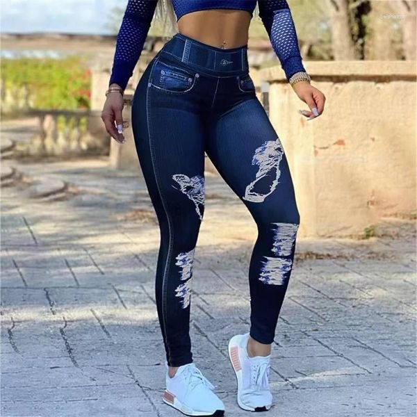 Damen-Leggings Europa und die Vereinigten Staaten Burst High-Waist High-Stretch-Denimimitation Plus Size Fitness Sport