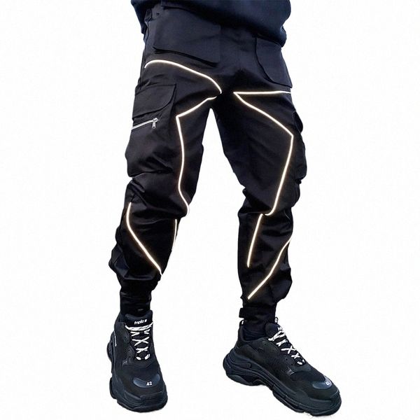 Pantaloni cargo Pantaloni riflettenti Stripe Fi Streetwear Pantaloni sportivi Hip Hop Nero Bianco Patchwork Pantaloni a vita bassa da uomo W38X #