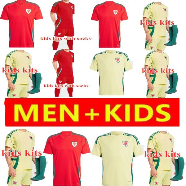 Wales Brand New Jersey 2024 Jersey de futebol Wilson Ramsey Bale Seleção nacional 24 25 Camisa de futebol Homens e crianças Kit Full Set Red Away Amarelo uniforme Harris