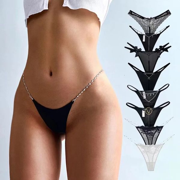 Cadeia de metal tangas sexy lacta transparente feminino letra erótica de calcinha de algodão fino de algodão sexo string brikes sem costura 240311