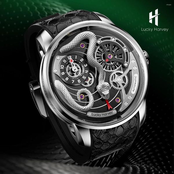 Armbanduhren Lucky Harvey Uhren für Männer Lustige mechanische Uhr Automatikwerk Schlangenzifferblatt Synthetischer Saphir Wasserdicht 2024 Modell