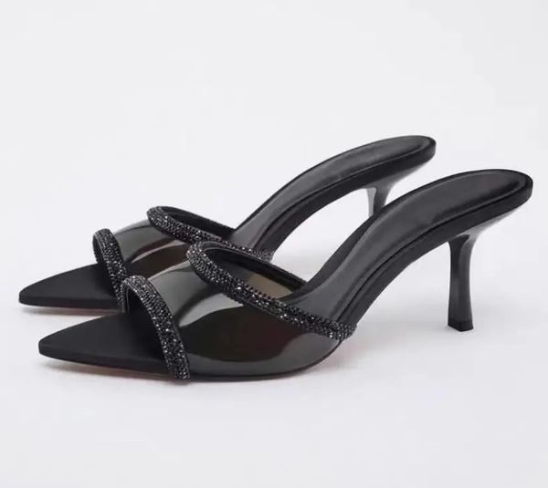 Женские сандалии, летние пикантные туфли на высоком каблуке со стразами, элегантные прозрачные вечерние свадебные туфли из ПВХ с острым носком
