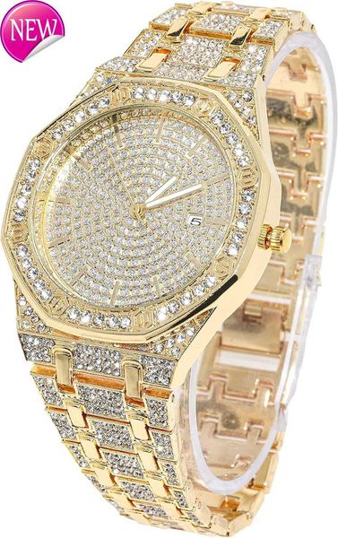 Relógio banhado a ouro Halukakah diamante masculino 18K True GoldPlatinumP lated4 0mmW ideO ctagonalR oundd ialQ uartzB racelet2 213cmwi thCu banCh ain20 32cm4572cmNeckl ace