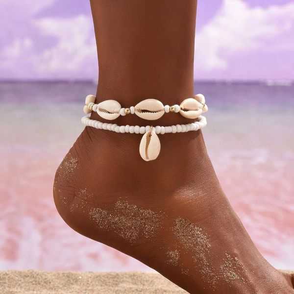 Cavigliere Boho Summer Ocean Beach Bracciale con cordino regolabile Bracciale con conchiglia di mare Catena di perline Cowrie alla caviglia sulla gamba per le donne