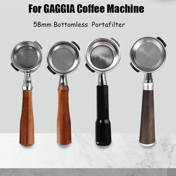 Gaggia sem fundo o suporte do filtro de fundo 58 mm Manunhão de madeira sólida Portafilter universal para Gaggia Classic Coffee Machine Barista Ferramentas 240326