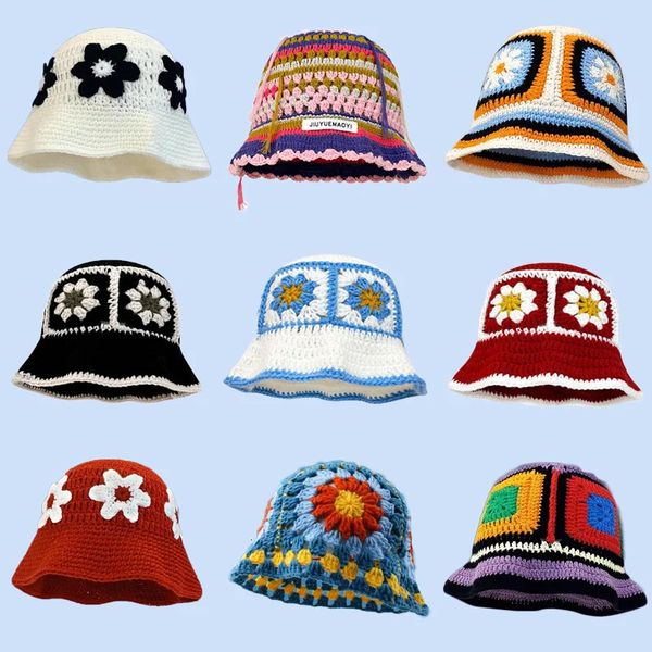 2024 primavera chapéu de crochê coreano artesanal balde chapéu feminino tecelagem chapéu de malha y2k moda flores outono inverno ins gorros 240320