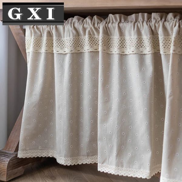 Cortinas nordic bege algodão linho rendas margarida tecido quarto bay janela cortinas curtas para armário de cozinha porta decoração cortinas