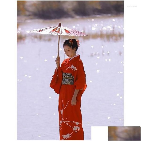 Abbigliamento etnico Donna Kimono Abito tradizionale giapponese Yukata Little Red Winter Plum Dress Performing Wear Cosplay Poliestere Drop Delive Otsn5