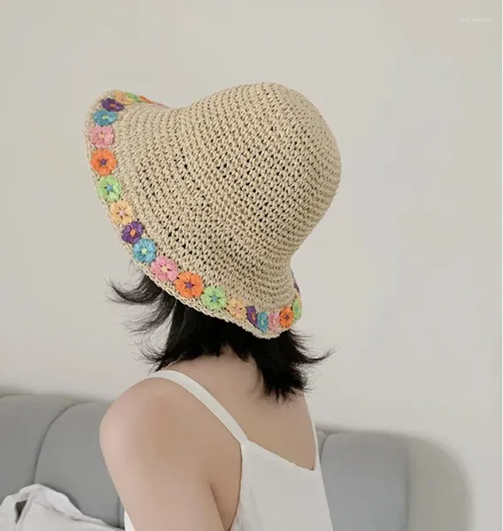 Ampla borda chapéus verão flor palha sol chapéu mulheres crochê balde dobrável panamá boné férias praia