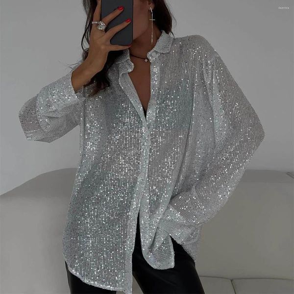 T-shirt da donna Moda Tinta unita con paillettes Cardigan con colletto rovesciato Donna 2024 Primavera Estate Top larghi a maniche lunghe Pendolari femminili