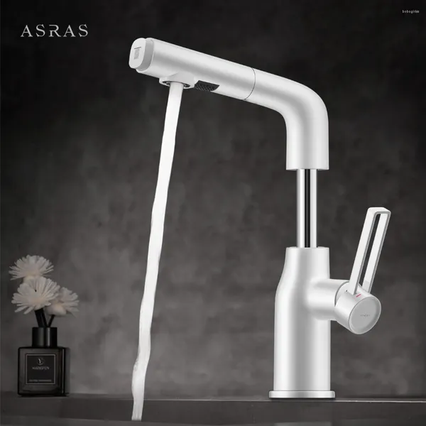 Badezimmer-Waschtischarmaturen ASRAS Pull Type Hebe- und Drehbarer weißer Waschbeckenhahn Kaltschrank