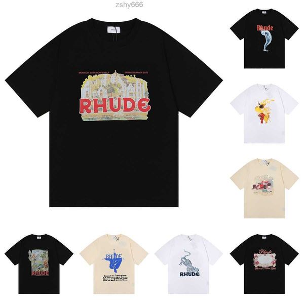 Rhude Tasarımcı Tshirts Gelgit Baskılı Erkek T gömlekler Erkekler Kadınlar Eski Yuvarlak Boyun Kısa Kollu Pamuk Tees High Street Kalça Hap Treetwear Rhudes Büyük Boy