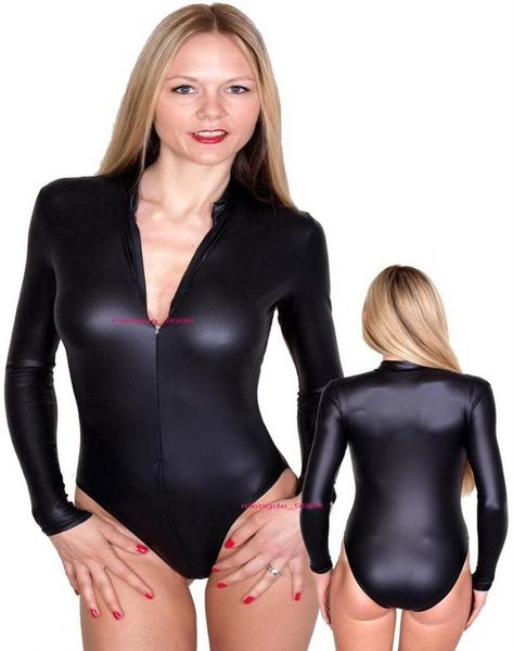 Sexy Frauen Kurzer Body Anzug Kostüme Frontreißverschluss Schwarz Glänzendes Lycra Metallic Frauen039s Catsuit Unisex Outfit Halloween Party Fan2352737