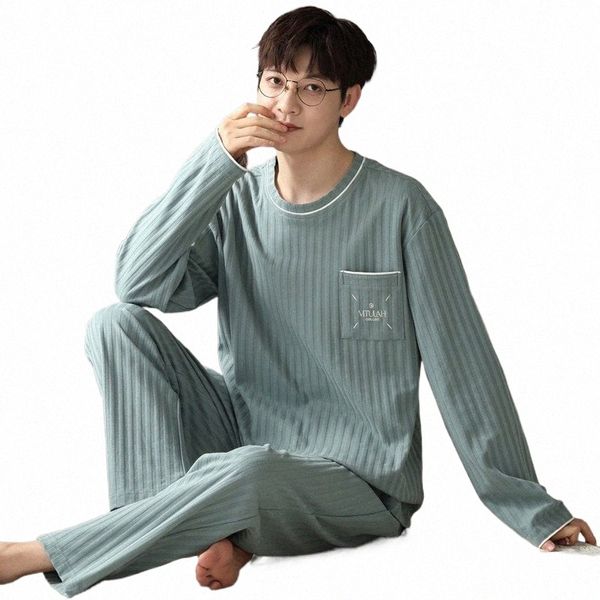LG Sleeve Pyjamas Herren Frühlings- und Herbst -Cott Einfacher runder Hals Casual Young Jungen Loungewear Korean FI Nachtwäsche i9rx#