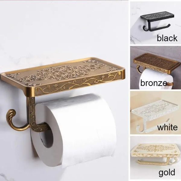 Tutucular Antika Vintage Bronz Oyma Banyo Telefon Raflı Havlu Rulo Doku Alüminyum Raf Tuvalet Kağıdı Tutucu Yaratıcı Duvar Kutuları