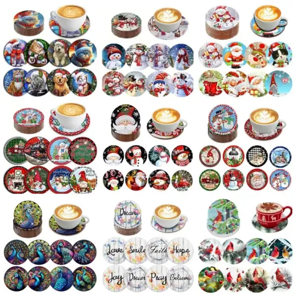 Ponto 8/6pcs Diy Christmas Pintura de diamante Coaster Cartoon boneca de neve de copo de tape