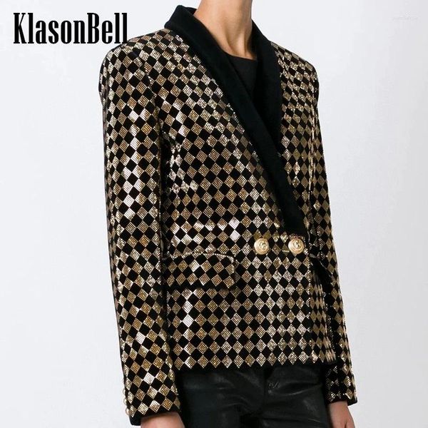 Damenanzüge 3.20 KlasonBell Luxus Gold Diamanten Argyle Plaid Slim Jacke Damenkleidung Schicker Reverskragen Zweireihiger Samtblazer