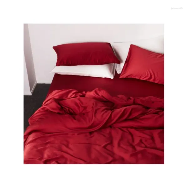 Set di biancheria da letto Set di lenzuola in tinta unita rosso di produzione cinese, federe piatte in bambù per matrimonio e casa