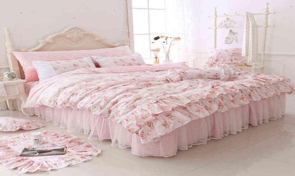 100 algodão floral impresso princesa conjunto de cama gêmeo rei rainha tamanho rosa meninas rendas plissado capa edredão colcha saia conjunto t22449594