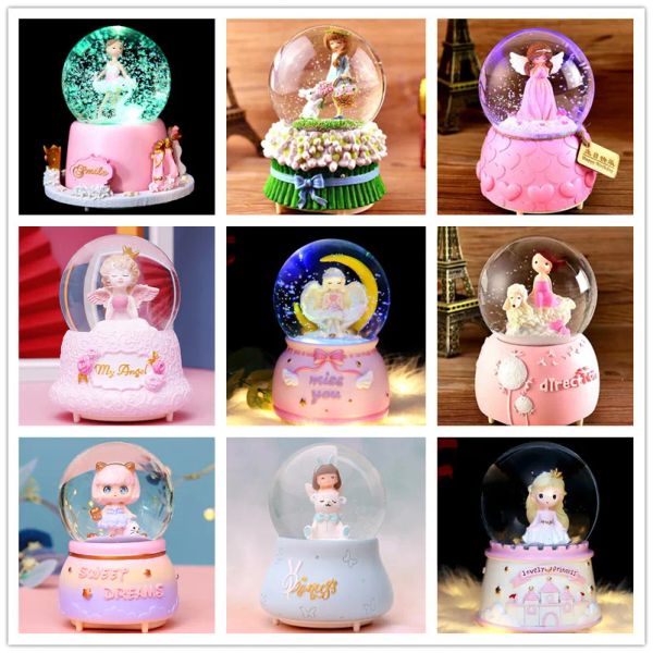 Caixas Crystal Ball Music Box Pink Girl Star Moon Rainbow Unicorn Growingflakes Box Caixa de Música Decoração de Desktop Ornamento