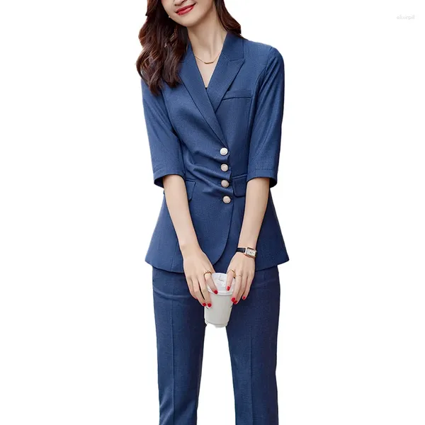 Calças femininas de duas peças moda azul blazer mulheres ternos de negócios calça e jaqueta define escritório senhoras trabalho uniforme estilos pantsuits ol