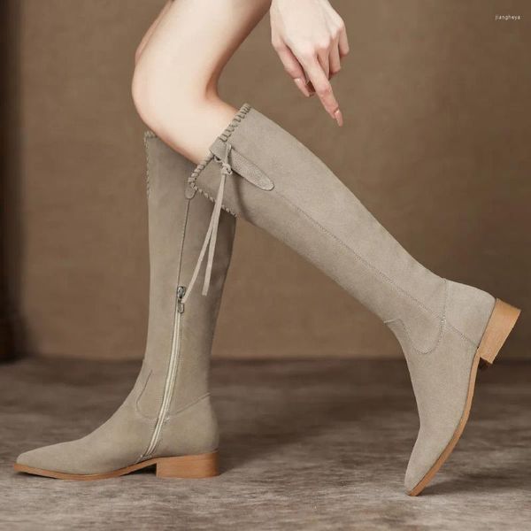 Stivali da donna in pelle scamosciata naturale con zip laterale a punta slip-on appartamenti alti al ginocchio casual qualità femminile lungo inverno