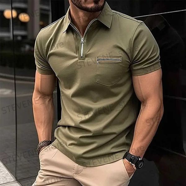 Homens camisetas Verão Viajando Mens Casual Curto-Slved Polo Camisa Peito Zipper Bolso T-shirt Mens Respirável Camisa Polo Mens Roupas T240325