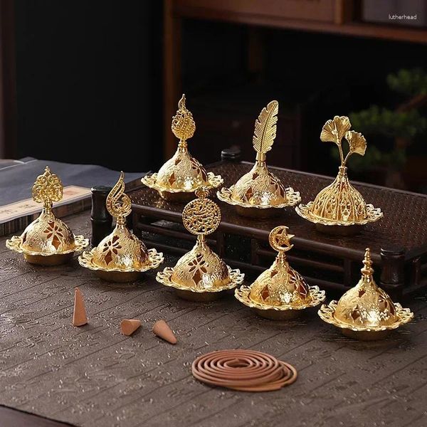 Estatuetas decorativas queimador de incenso oco torre dourada óleo estilo árabe suporte de incensário para casa el yoga ornamentos