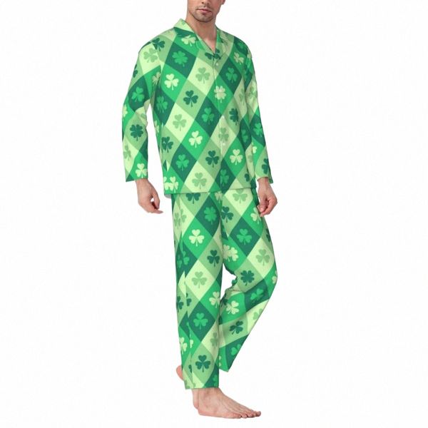 verde Shamrock Pigiama Uomo Lucky Saint Patricks Day Cute Sleep Sleepwear Autunno 2 pezzi Casual Oversize stampato Pigiama Set a4qs #