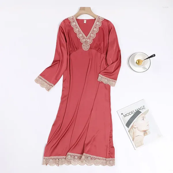 Mulheres sleepwear cetim nightdress mulheres sleepshirt vestido sexy renda com decote em v camisola de manga longa lounge nightwear lingerie íntima casa