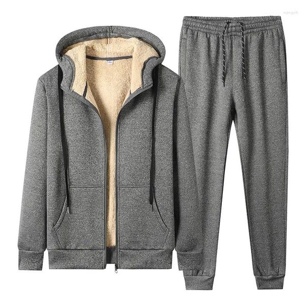 Koşu Setleri 2024 Kış Kırktıcı Erkekler Set Sıcak Kalın Kapüşonlu 2 PC Kuzu Kaşmir Hoodies Fermuar Takip Spor Takımı Plus Boy Boyut Hombre