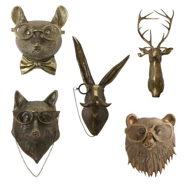 Cachimbo de alumínio bronzeado staute animal com óculos pendurado montagem na parede urso louie pequeno mouse frankie stag decoração de casa 240311