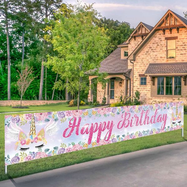 Acessórios Arco-íris Unicórnio Feliz Aniversário Banner Fontes de Festa Quintal Sinal Aquarela Flor Cenários para Decorações de Mesa de Bolo de Princesa