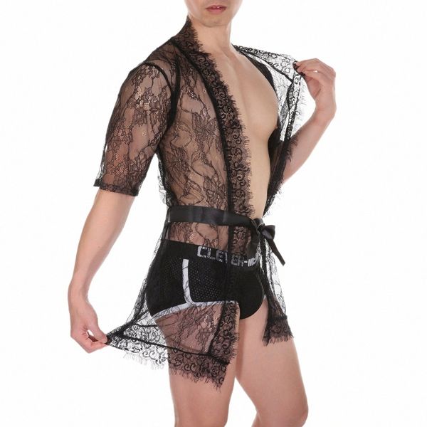 inteligente-menmode Men Lingerie Sexy Lace Night-Robe Bathrobe Nightwear See-Through Crossdring Pijamas Belt Kimo Nightgown j4Gz #