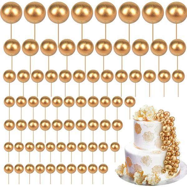 Caixas 80 PCs Bolas de ouro Bolo Topper Mini Balloons Toppers Sier Foam Ball Decorações de Bolo de Bolo Inserir Topper para Festa de Aniversário