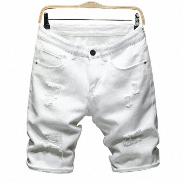 Neue weiße Jeans-Shorts für Männer, zerrissenes Loch, ausgefranst, knielang, klassisch, einfach, Fi, beiläufige, dünne Denim-Shorts, hohe Qualität, k6RL #