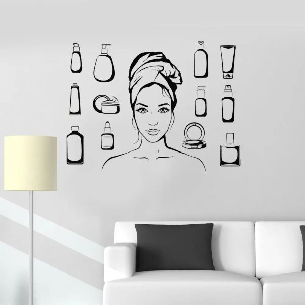 Adesivos salão de beleza cosméticos mulher banheiro arte cosmetologia decalque da parede do vinil decoração para casa arte mural removível adesivos de parede