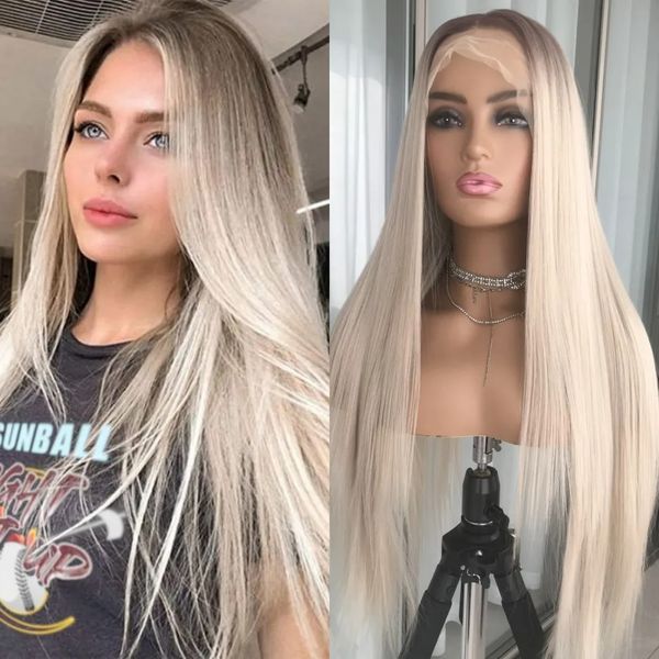 Gerade Ombre-Blondine, Lace-Front-Perücke, synthetische Lace-Perücken, Platinblond mit braunem Ansatz, vorgezupftes Babyhaar, 150D-Perücke ohne Kleber