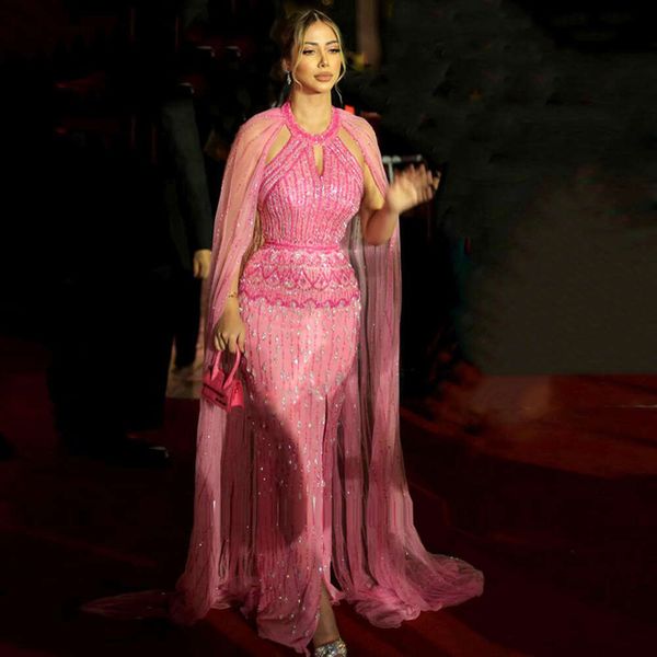 Meerjungfrau Abend Rosa Sharon Said Dubai Kleider Mit Cape Ärmeln 2024 Arabisch Frauen Hochzeit Kleid Formale Party Kleider Ss361