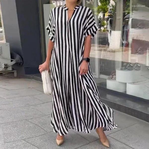 Abiti da festa Donna Abito lungo con scollo a V stampato a righe Camicia estiva a maniche corte con spacco laterale Maxi Robe De Plage oversize casual