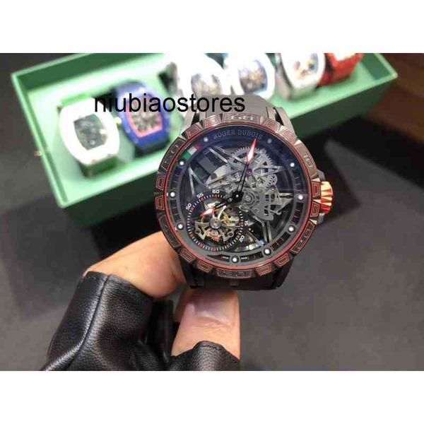 Relógios para homens Relógio automático de luxo Excalibur Chain Movement Case 46 mm pulseira de borracha com rodas voadoras duplas relógios de pulso à prova d'água perfurados HEQH